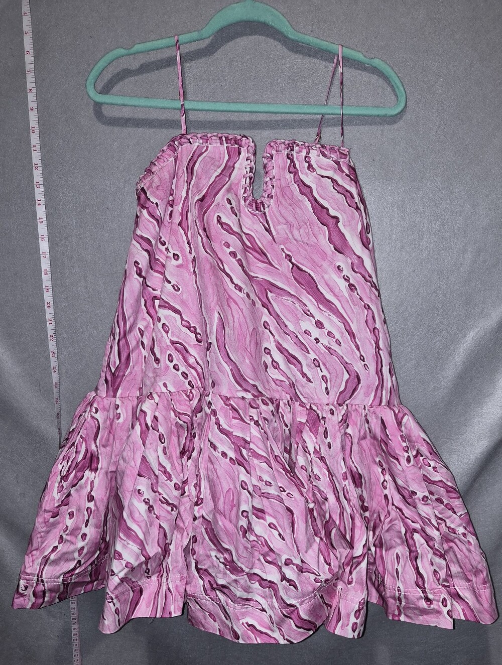 Aje Pink Marble Print Cotton Mini Dress Size AU 8 US 4 Strappy Ruffle Hem